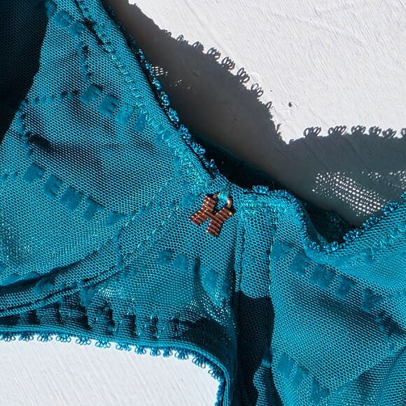 Savage x Fenty Shimmer Flocked Logo Bra 36B teal blue unlined underwire - Picture 4 of 5